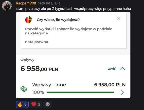 Wpływy 6 958,00 zł po 2 tygodniach współpracy